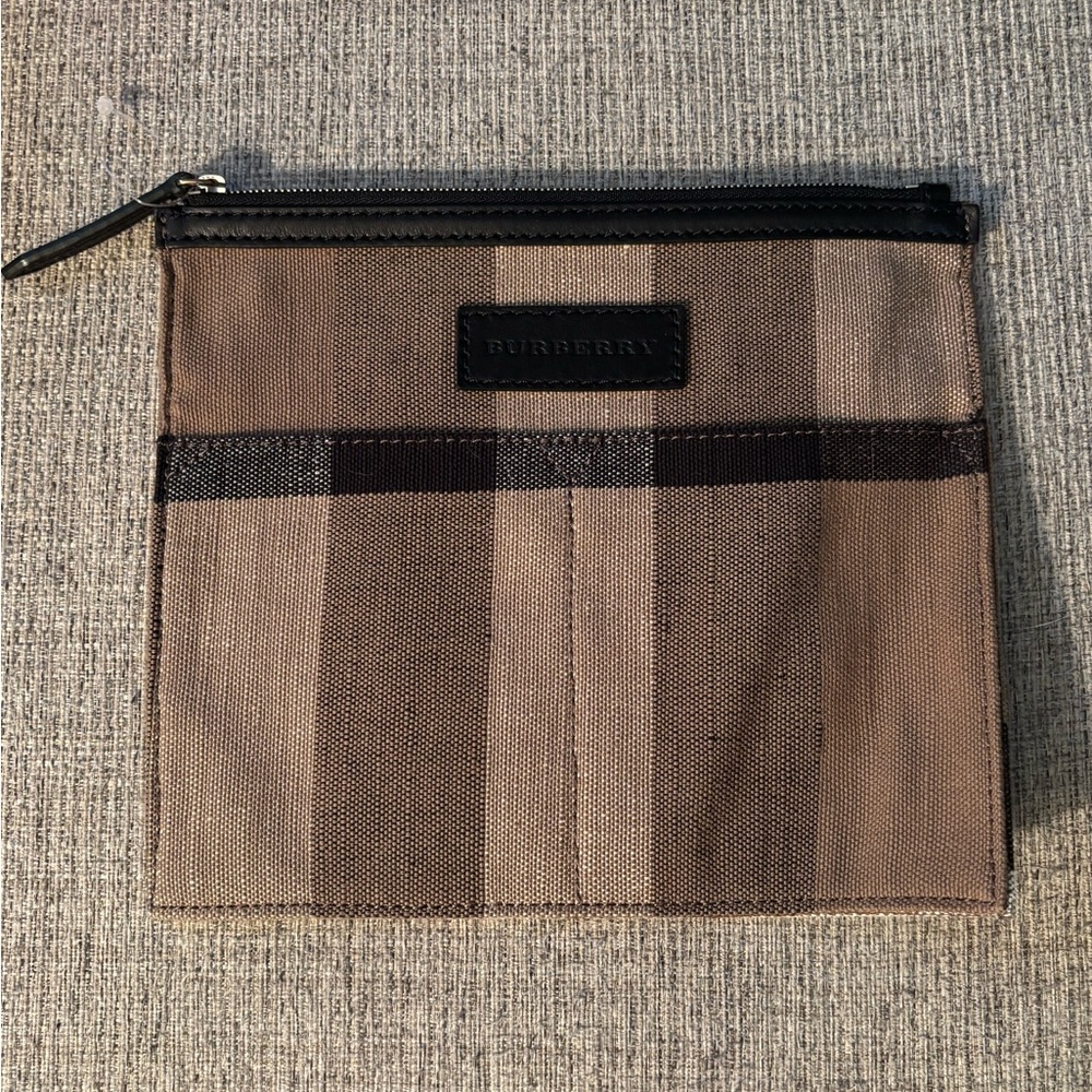 Burberry check canvas detachable Tottenham or Ashby zipper clutch pouch 10X9”